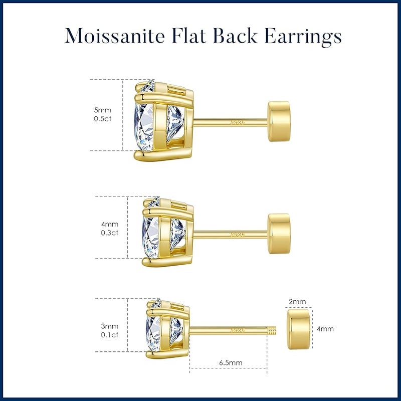 MOOSEA Moissanite Flat Back Earrings for Women Men, D Color VVS1 Clarity Lab Created Moissanite Cartilage Earrings for Women Men, 925 Sterling Silver Hypoallergenic - 3 Pairs Stud Earring Set - Image 5
