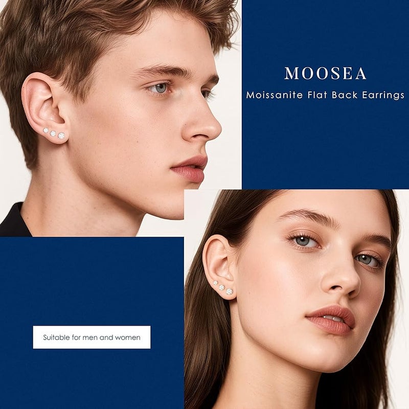 MOOSEA Moissanite Flat Back Earrings for Women Men, D Color VVS1 Clarity Lab Created Moissanite Cartilage Earrings for Women Men, 925 Sterling Silver Hypoallergenic - 3 Pairs Stud Earring Set - Image 4