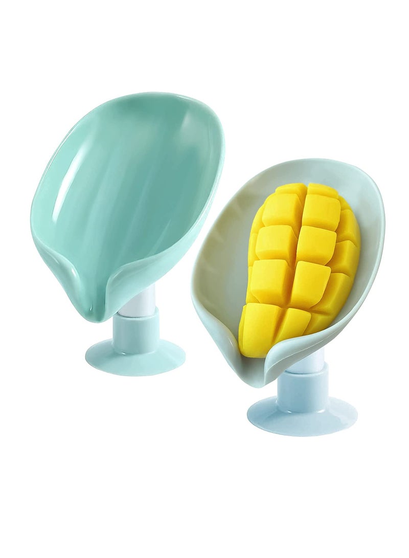 Excefore Bar Soap Holder,Leaf-Shape Self Draining Not Punched Easy Clean Soap Dish for Shower, soap Holder with Suction Cup Creative soap Box, for Bathroom, Kitchen Sink (2 PCS，Grey + Green)  - Image 1
