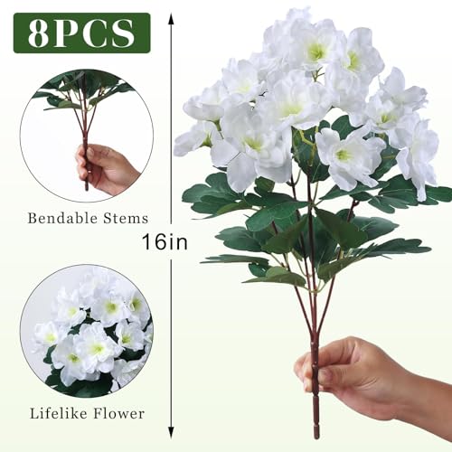 YXZZWL 8 Bundles Artificial Flowers for Front Door, Fake Silk Azalea Bouquet Silk Flowers for Outside UV Resistant Realistic Faux Plants for Planter Farmhouse Patio Garden Walkways Home Decor (White) - Image 5