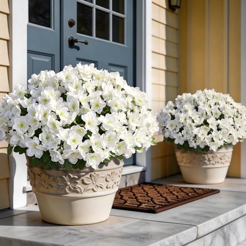 YXZZWL 8 Bundles Artificial Flowers for Front Door, Fake Silk Azalea Bouquet Silk Flowers for Outside UV Resistant Realistic Faux Plants for Planter Farmhouse Patio Garden Walkways Home Decor (White) - Image 1