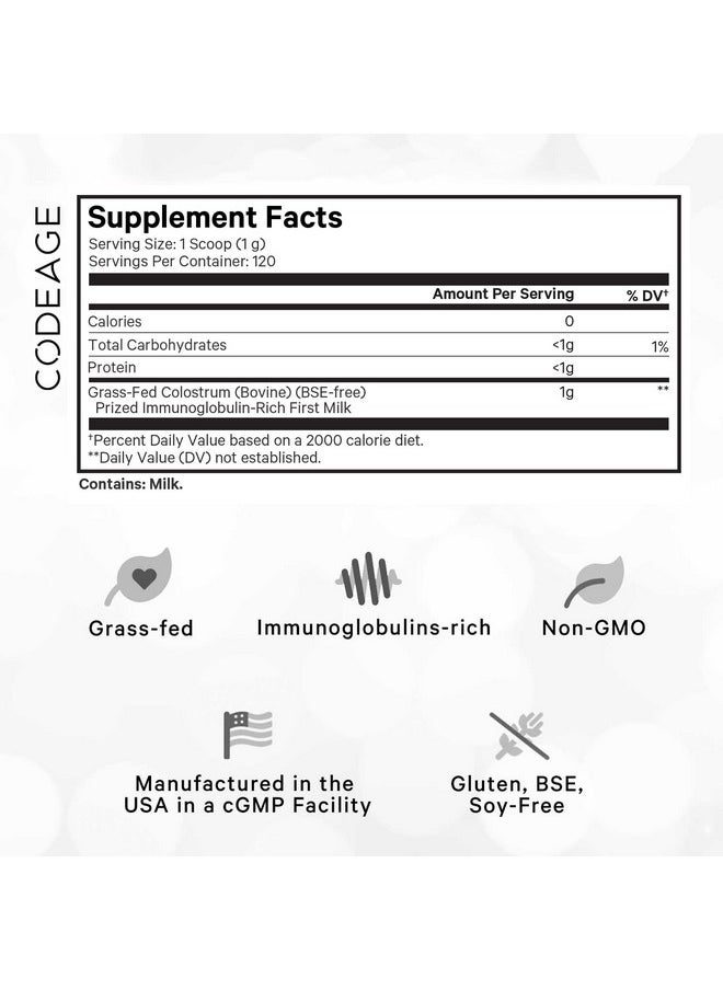 Codeage - Codeage Bovine Colostrum Powder Supplement 4-Month Supply, 1000mg per Serving, Grass-Fed Ethically Sourced, Immunoglobulin-Rich Prized First Milk, Cold-Chain Pasteurized, Agglomerated, Non-GMO, 4.3 OZ - Image 1