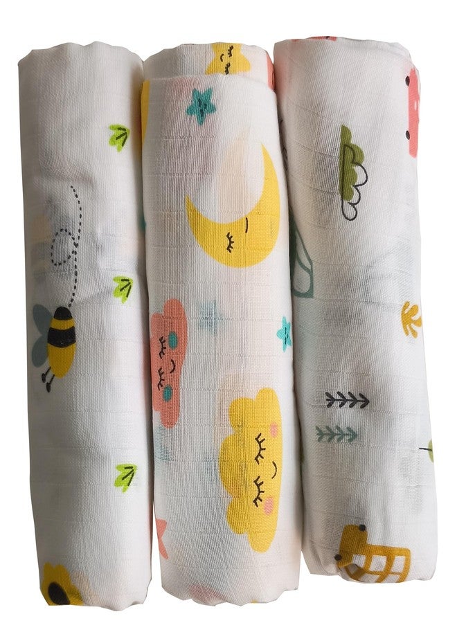 TUMMY TIME 100% Cotton Muslin Baby Swaddle Set, Pack of 3, Printed on White, 0-18 Month+, Printed Mulmul Muslin Swaddle Wrap for New Born Baby - Image 1