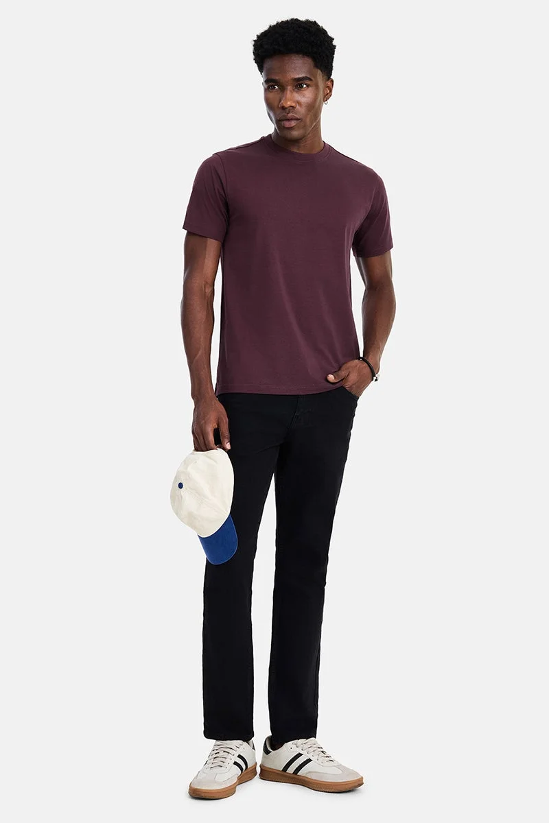 سنيتش Wine Solid Half Sleeve Slim Fit Casual T-Shirt