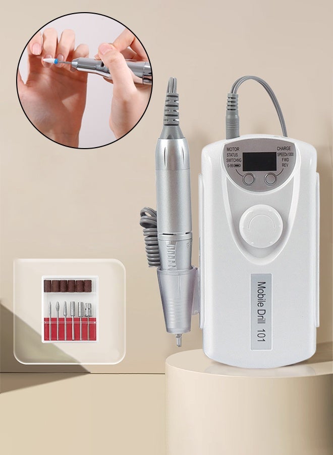 DUNISO 6 in 1 Electric Nail Drill, Portable Nail File Kit, Professional Cordless Manicure Pedicure Drill, USB Charging, Adjustable Speed, Suitable for Acrylic Gel Dip Powder Nails Home Salon Use (White) - Image 1