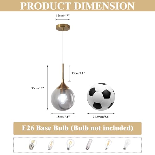 KCO Lighting Modern Globe Pendant Light 7” Smoke Glass Pendant Light Brushed Gold Pendant Lights Kitchen Island Mid Century Dining Room Light Brass Hanging Light Fixture - Image 2