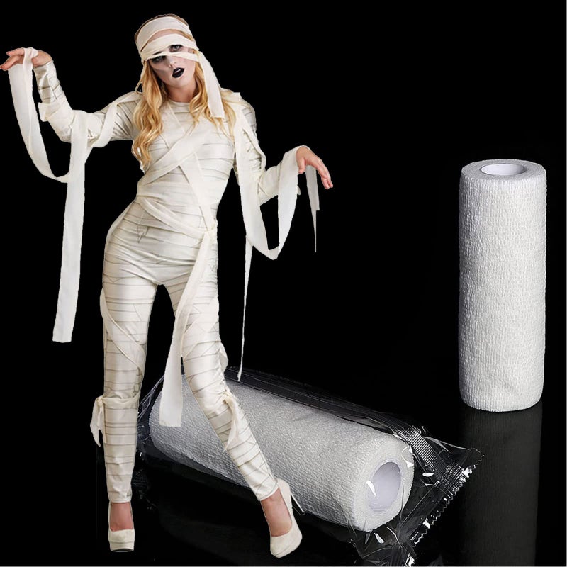 AUOCATTAIL Halloween White Bandage Mummy Bandaged Zombie Self Adhesive Bandage Wrap for Cosplay Masquerade Carnival Photography Props Tomb Adventure177 inchesRoll