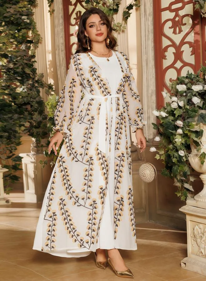 تايك تو Cream Printed Abaya With Inner Maxi Dress