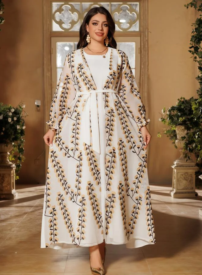 تايك تو Cream Printed Abaya With Inner Maxi Dress