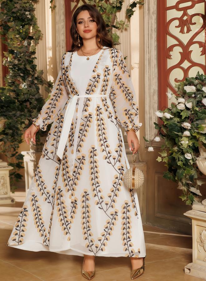 Take Two Cream Printed Abaya with Inner Maxi Dress - Image 3