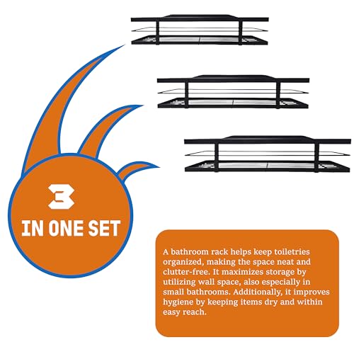 TARKAN Wall Mounted Metal Floating Shelves, Set of 3, Bathroom Storage Organiser and Kitchen Spice Rack (Black) - Image 4
