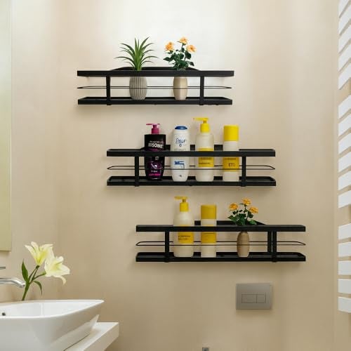 TARKAN Wall Mounted Metal Floating Shelves, Set of 3, Bathroom Storage Organiser and Kitchen Spice Rack (Black) - Image 1