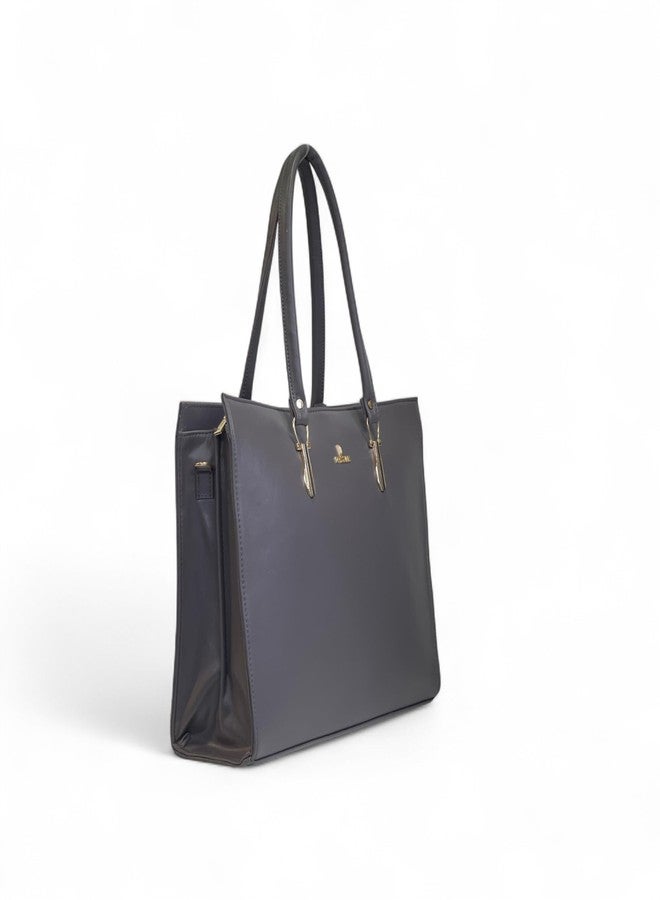 DAZZLE Professional Leather Tote Bag, Grey, Large Capacity with Multiple Compartments, Gold Hardware - Image 3