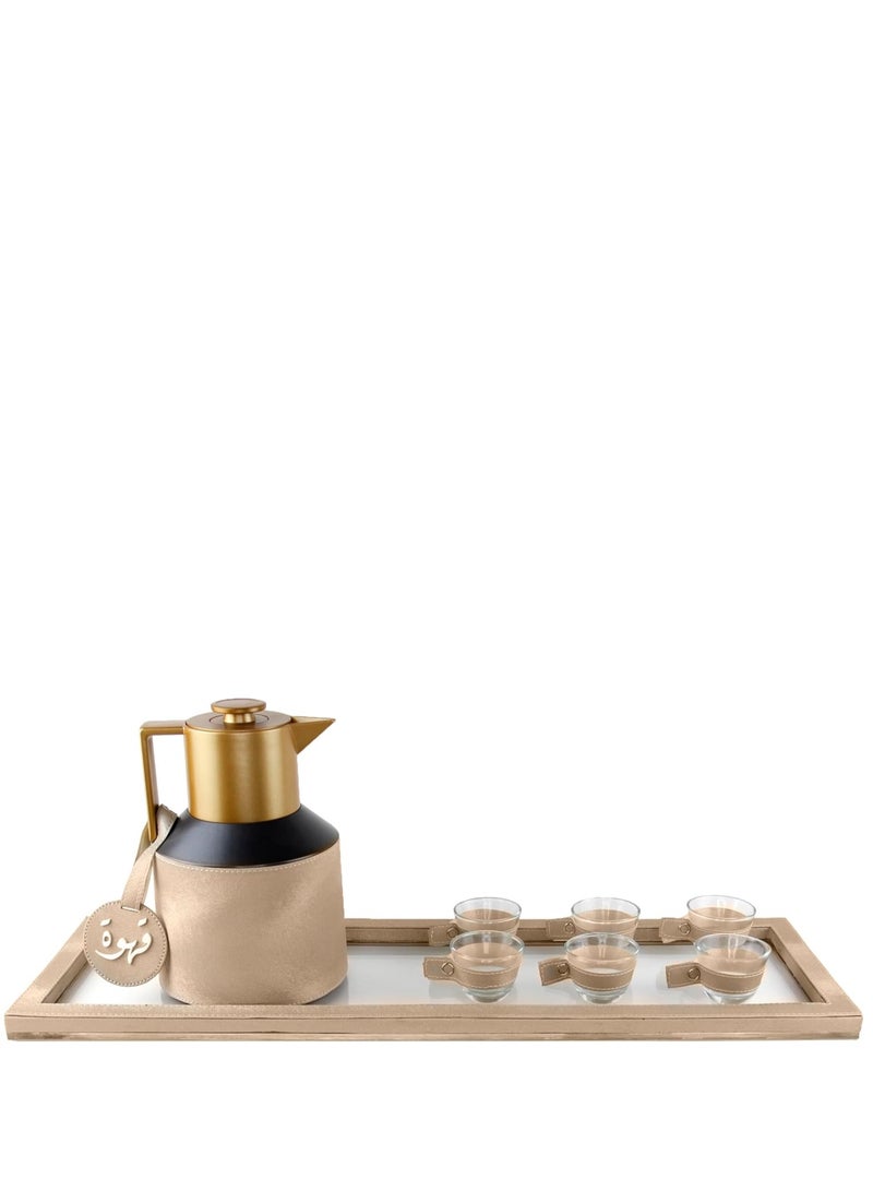 Lamsit Ibdaa LAMSIT IBDAA Coffee Thermo Flask | Coffee and Tea Vacuum Pot - 1.0 Litre Dallah Arabic Carafe – Drink Cups – Leather Hospitality Set - Heat Insulated Dalla (Beige, Set of coffee with rectangular tray)  - Image 1