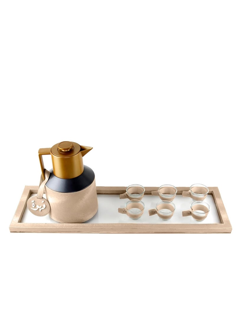 Lamsit Ibdaa LAMSIT IBDAA Coffee Thermo Flask | Coffee and Tea Vacuum Pot - 1.0 Litre Dallah Arabic Carafe – Drink Cups – Leather Hospitality Set - Heat Insulated Dalla (Beige, Set of coffee with rectangular tray)  - Image 2