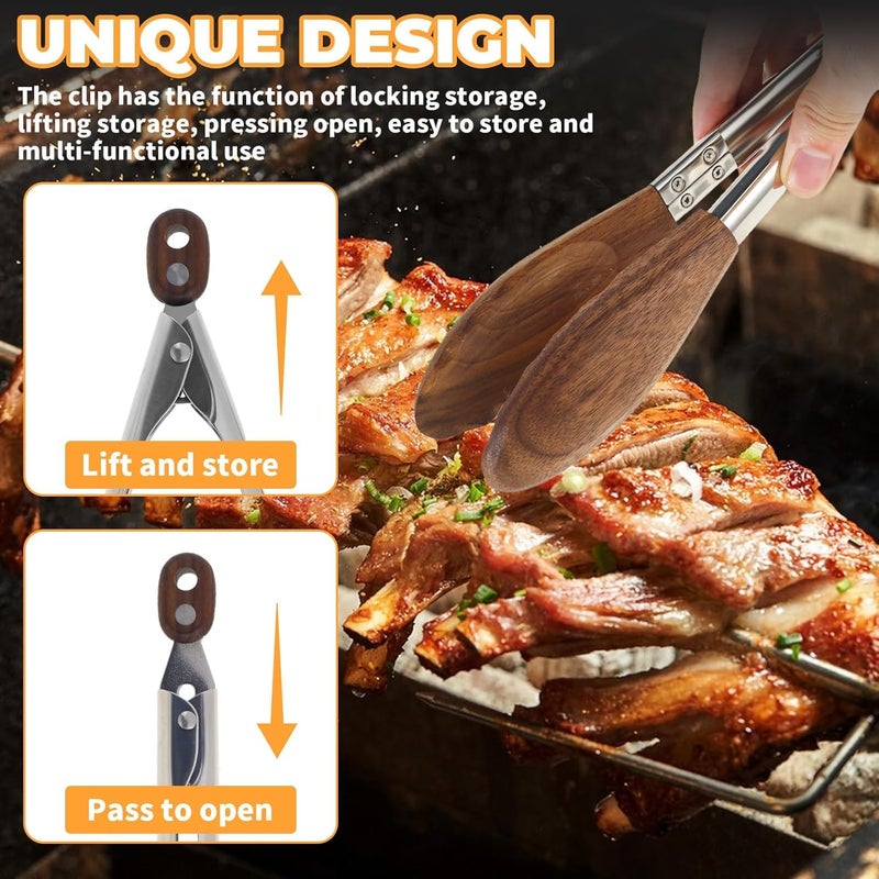 FunApricity Wooden Tongs for Cooking & Serving Food, Stainless Steel Salad Tongs with Walnut Wood Tip, Anti-Slip Long Handle Wooden Kitchen Tongs Heat Resistant, Smooth Locking & Hanging Cooking Utensils Set of 2 - Image 3