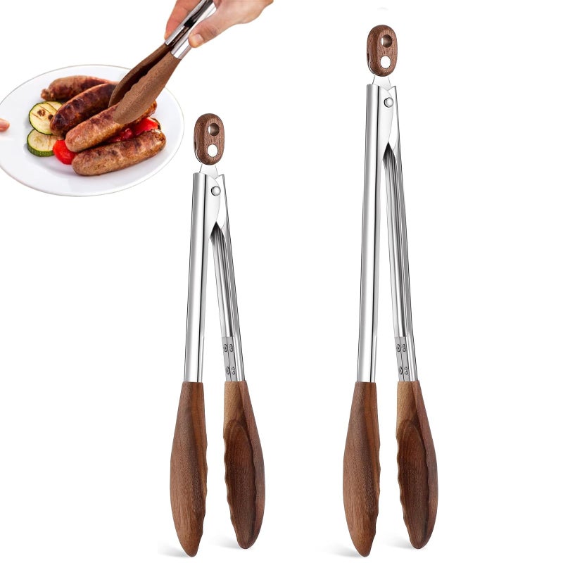 FunApricity Wooden Tongs for Cooking & Serving Food, Stainless Steel Salad Tongs with Walnut Wood Tip, Anti-Slip Long Handle Wooden Kitchen Tongs Heat Resistant, Smooth Locking & Hanging Cooking Utensils Set of 2 - Image 1