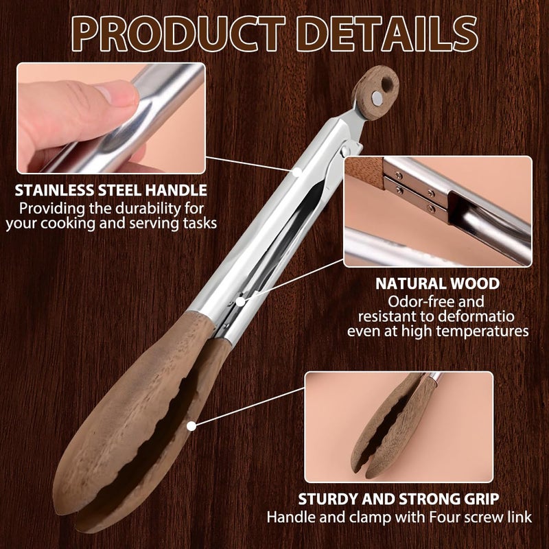 FunApricity Wooden Tongs for Cooking & Serving Food, Stainless Steel Salad Tongs with Walnut Wood Tip, Anti-Slip Long Handle Wooden Kitchen Tongs Heat Resistant, Smooth Locking & Hanging Cooking Utensils Set of 2 - Image 5
