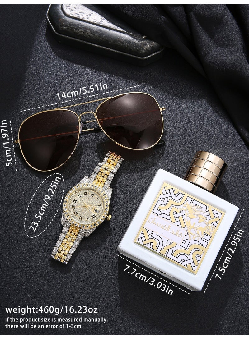 3pcs سادة ساعة جناح، الفاخرة أنيقة مع تقويم ساعة الكوارتز + عطر + النظارات، مناسبة له هدية عيد ميلاد مثالية - Image 4