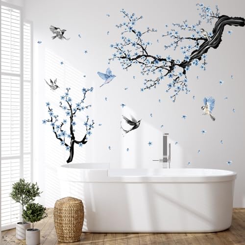 Aurbhosa Blue Floral Wall Sticker Hanging Flower Vine Room Decor Large Tree Branch Wall Decals Peel and Stick Birds Wall Stickers for Bedroom Living Room - Image 2
