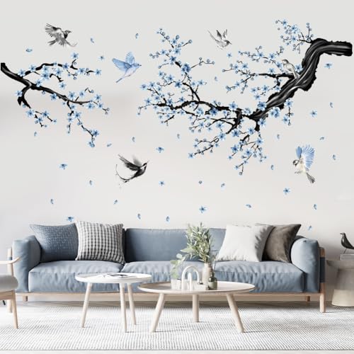 Aurbhosa Blue Floral Wall Sticker Hanging Flower Vine Room Decor Large Tree Branch Wall Decals Peel and Stick Birds Wall Stickers for Bedroom Living Room - Image 3