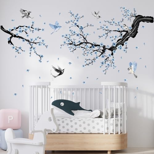 Aurbhosa Blue Floral Wall Sticker Hanging Flower Vine Room Decor Large Tree Branch Wall Decals Peel and Stick Birds Wall Stickers for Bedroom Living Room - Image 4