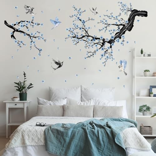 Aurbhosa Blue Floral Wall Sticker Hanging Flower Vine Room Decor Large Tree Branch Wall Decals Peel and Stick Birds Wall Stickers for Bedroom Living Room - Image 1