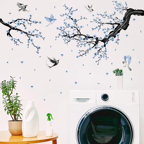 Aurbhosa Blue Floral Wall Sticker Hanging Flower Vine Room Decor Large Tree Branch Wall Decals Peel and Stick Birds Wall Stickers for Bedroom Living Room - Image 5