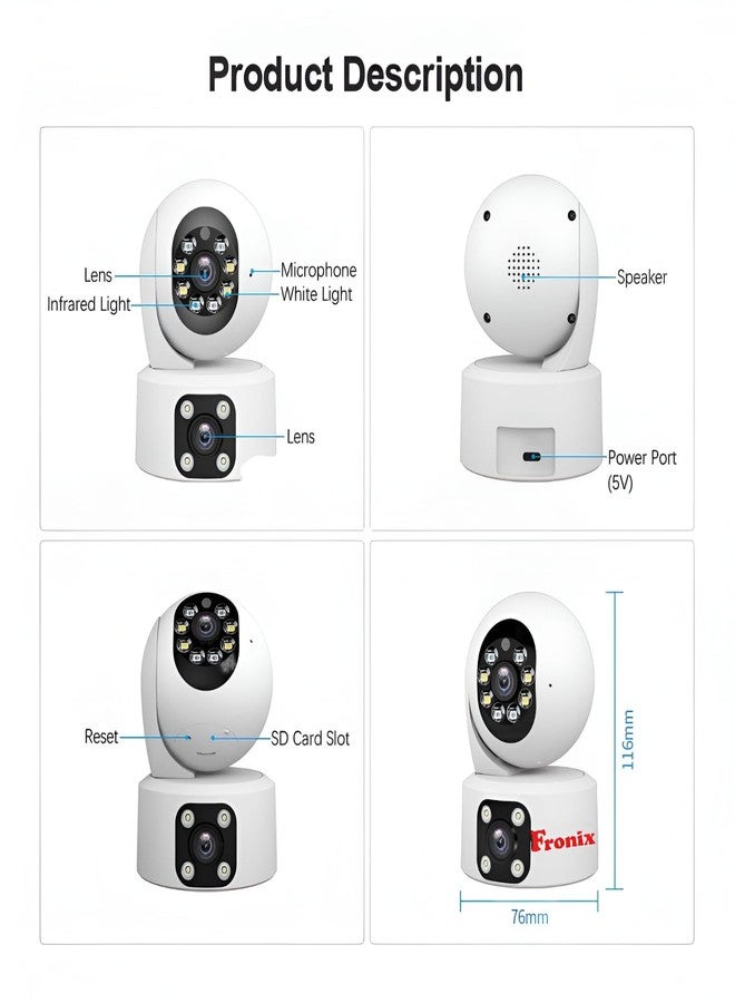 Fronix SH049 IP Camera 2 * 1080P(1920 * 1080) WiFi PTZ Indoor Camera for Wireless Security Camera System CCTV 2MP + 2MP Humanoid Tracking Smart Night Vision Dual Lens HD IP Camera (AU Plug) - Image 4