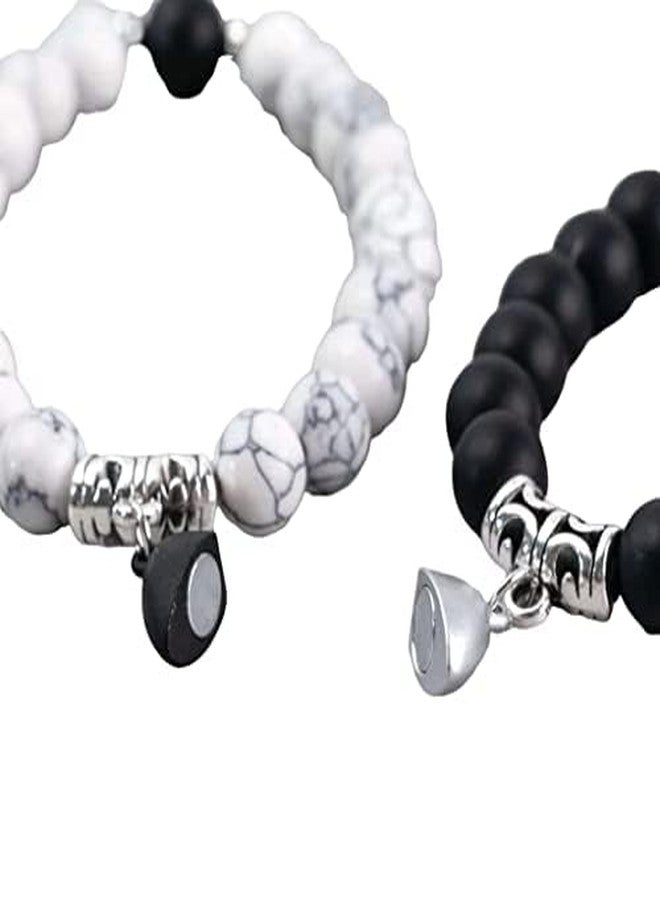 BEAUTIVIA Two Pcs Set Couple Bracelet Gifts Heart Shape Alloy Magnet Wristband Stone Beaded Bracelet Valentine Lovers Black and White Gift Couple Magnetic Distance Bracelet - Image 2