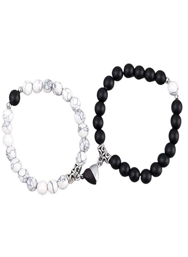 BEAUTIVIA Two Pcs Set Couple Bracelet Gifts Heart Shape Alloy Magnet Wristband Stone Beaded Bracelet Valentine Lovers Black and White Gift Couple Magnetic Distance Bracelet - Image 3