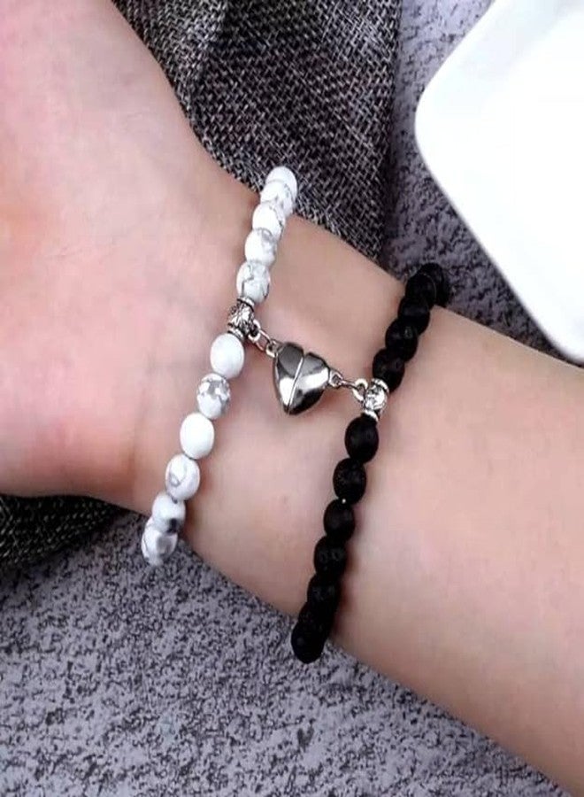 BEAUTIVIA Two Pcs Set Couple Bracelet Gifts Heart Shape Alloy Magnet Wristband Stone Beaded Bracelet Valentine Lovers Black and White Gift Couple Magnetic Distance Bracelet - Image 4