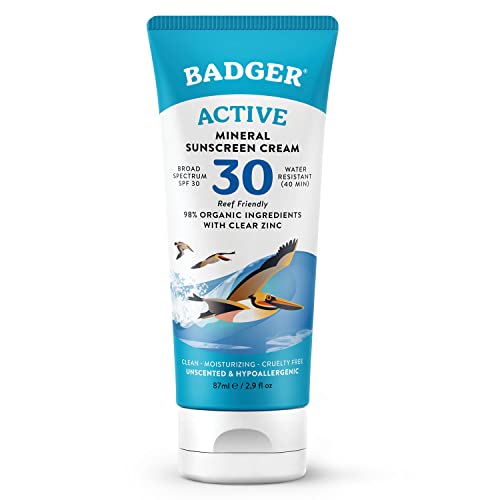 Badger Badger Mineral Sunscreen Cream SPF 30, Zinc Oxide Sun Care, 98% Organic, Reef Safe, Water Resistant, Unscented Face and Body Sunscreen Travel Size, 2.9 fl oz 