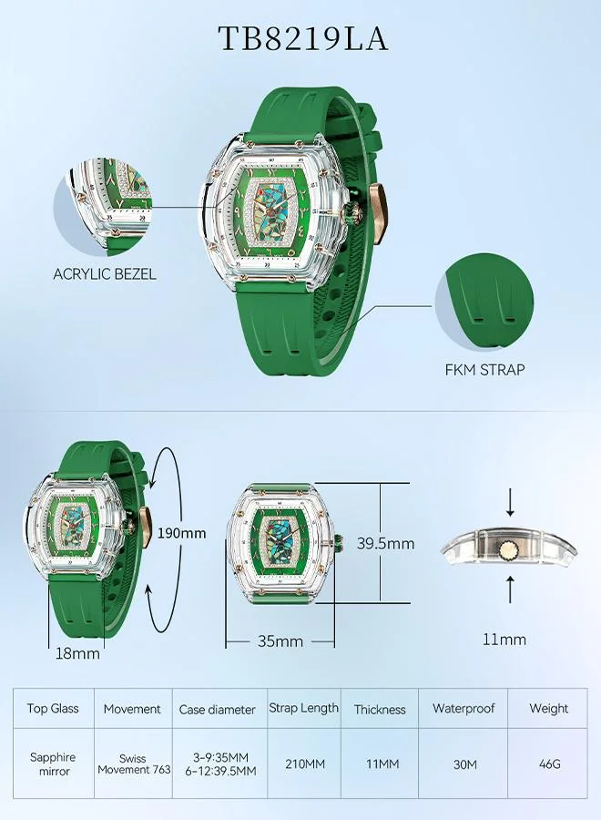 TSAR BOMBA Nucleus Femme Series 35mm Women's Watch with Green Premium Rubber Strap
