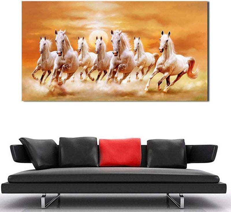 اي ار اس لوحة فنية تجريدية مطبوعة على قماش مؤطر من ARS، تصور سبعة أحصنة بيضاء تجري - لوحة جدارية عصرية لغرفة المعيشة (40 × 80 سم) مناسبة للمكتب وغرفة المعيشة وغرفة النوم كهدية - Image 3