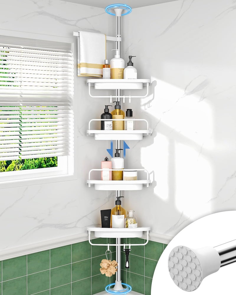 ALLZONE Rustproof Shower Caddy Corner, 4-Tier Adjustable Shelves with Tension Pole, White, 56 to 114 Inch