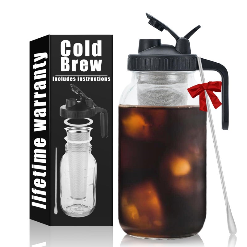 Cold Brew Mason Coffee Maker 64oz Iced Coffee Pitcher with Stainless Steel Mixing Spoon Super Dense Filter 3 Steps Finish Cold Brew Coffee Classic BPA Free Sturdy Mason jar Pitcher Easy to Clean