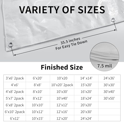 TARPAL 8'x10' White Tarp Waterproof 7.5 mil Medium Duty All Purpose Poly Tarps Cover Waterproof,Snow Proof UV Protection,Rip and Tear Proof,Poly Tarpaulin - Image 5