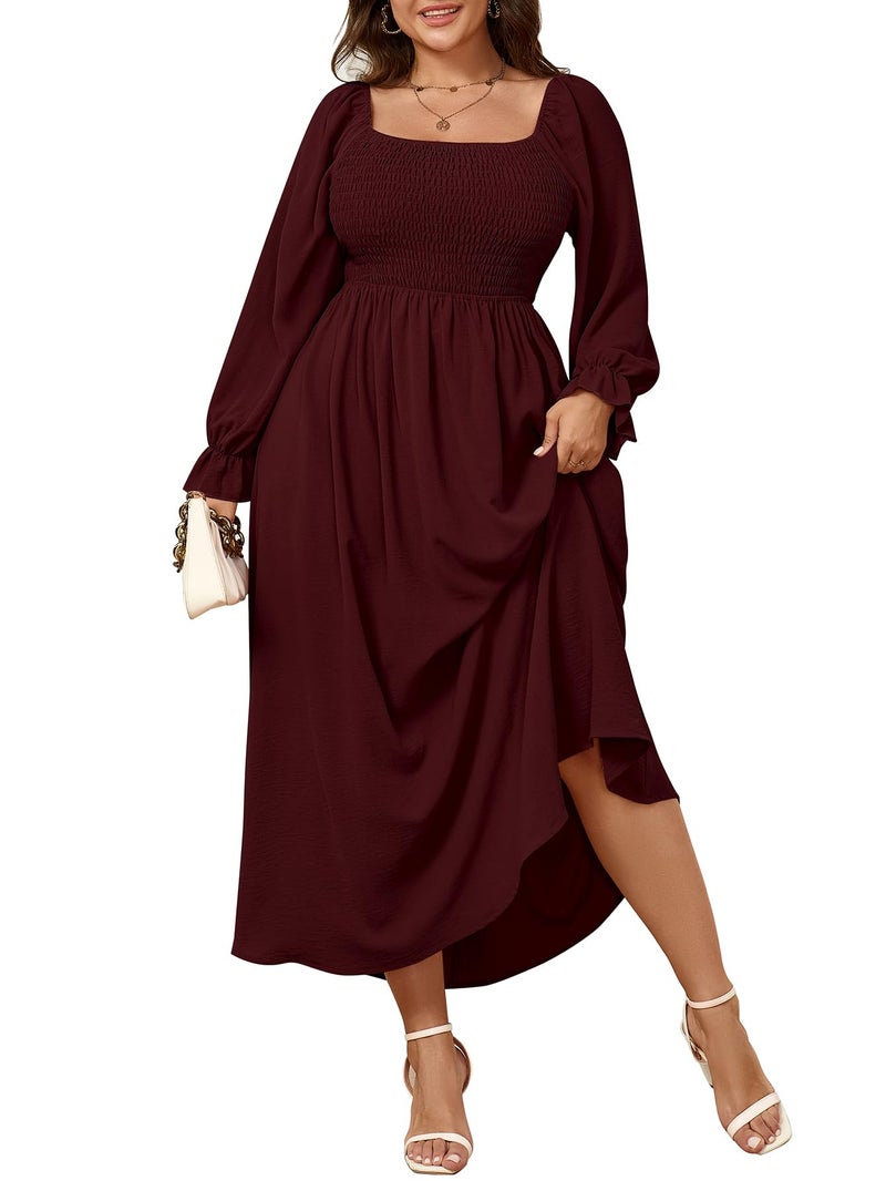 SHESTARR Women's Plus Size Maxi Dress Long Sleeve Square Neck Smocked Flowy A-Line Boho Wedding Party Maxi Dress Burgundy - Image 1