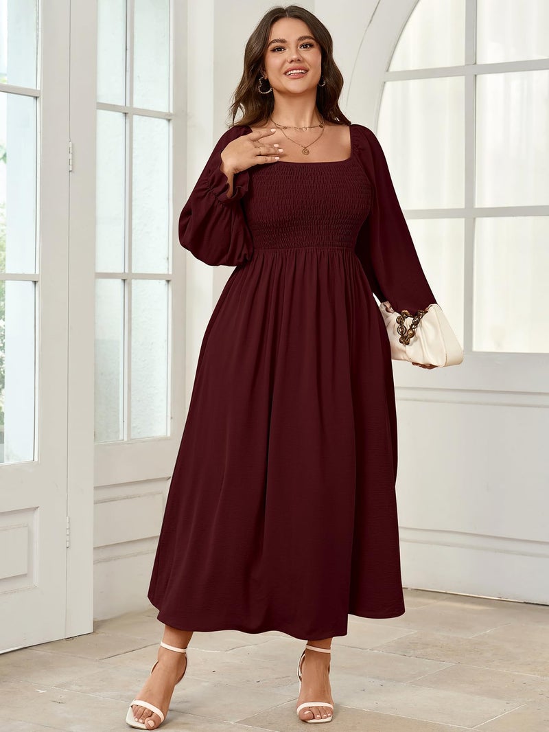 SHESTARR Women's Plus Size Maxi Dress Long Sleeve Square Neck Smocked Flowy A-Line Boho Wedding Party Maxi Dress Burgundy - Image 5
