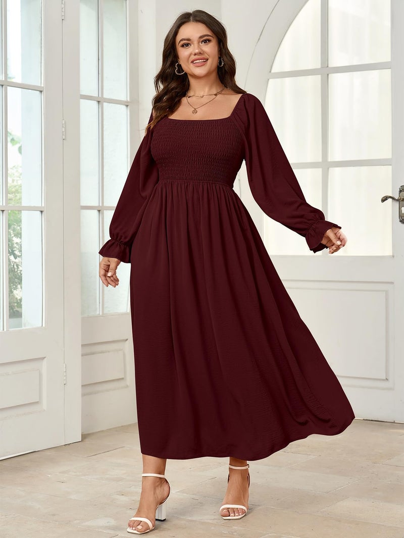 SHESTARR Women's Plus Size Maxi Dress Long Sleeve Square Neck Smocked Flowy A-Line Boho Wedding Party Maxi Dress Burgundy - Image 2