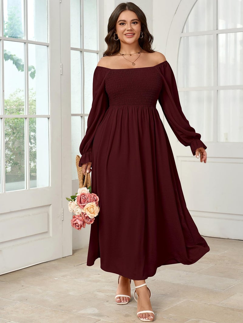 SHESTARR Women's Plus Size Maxi Dress Long Sleeve Square Neck Smocked Flowy A-Line Boho Wedding Party Maxi Dress Burgundy - Image 3