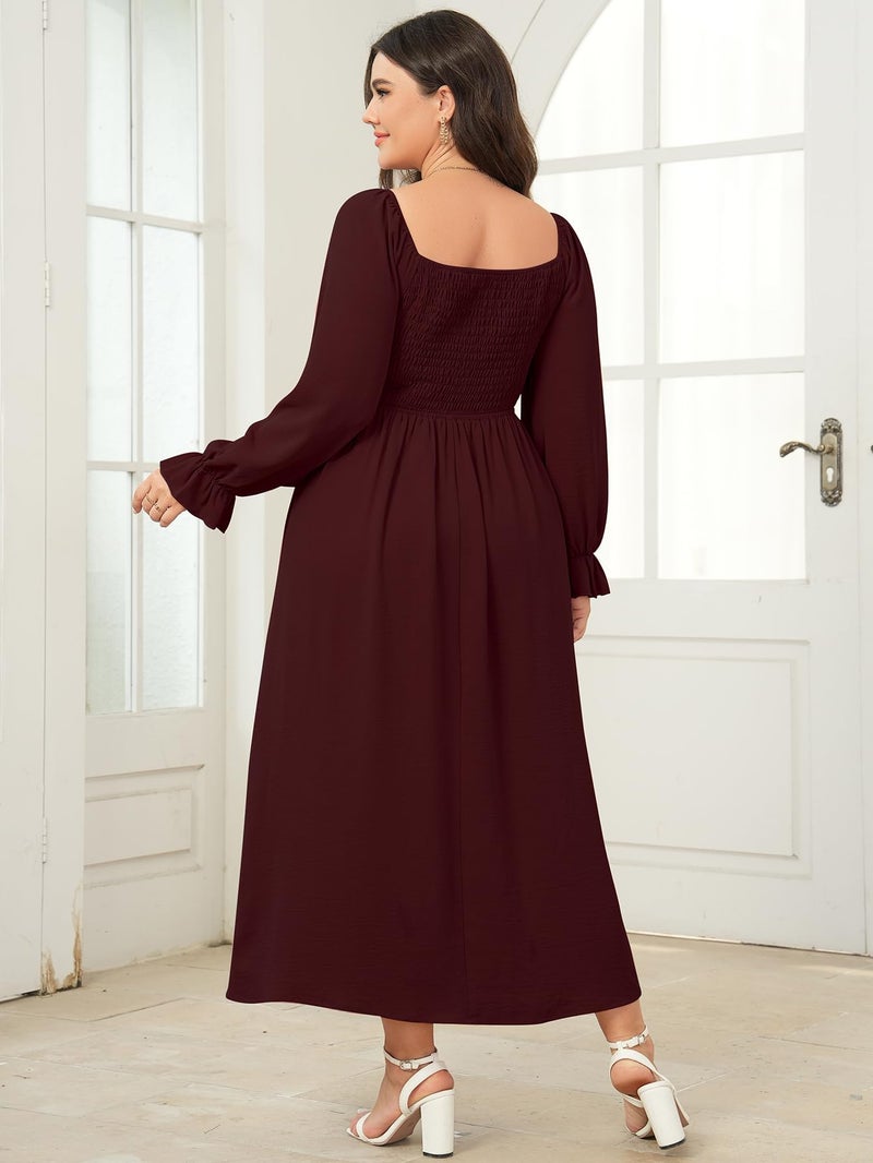 SHESTARR Women's Plus Size Maxi Dress Long Sleeve Square Neck Smocked Flowy A-Line Boho Wedding Party Maxi Dress Burgundy - Image 4