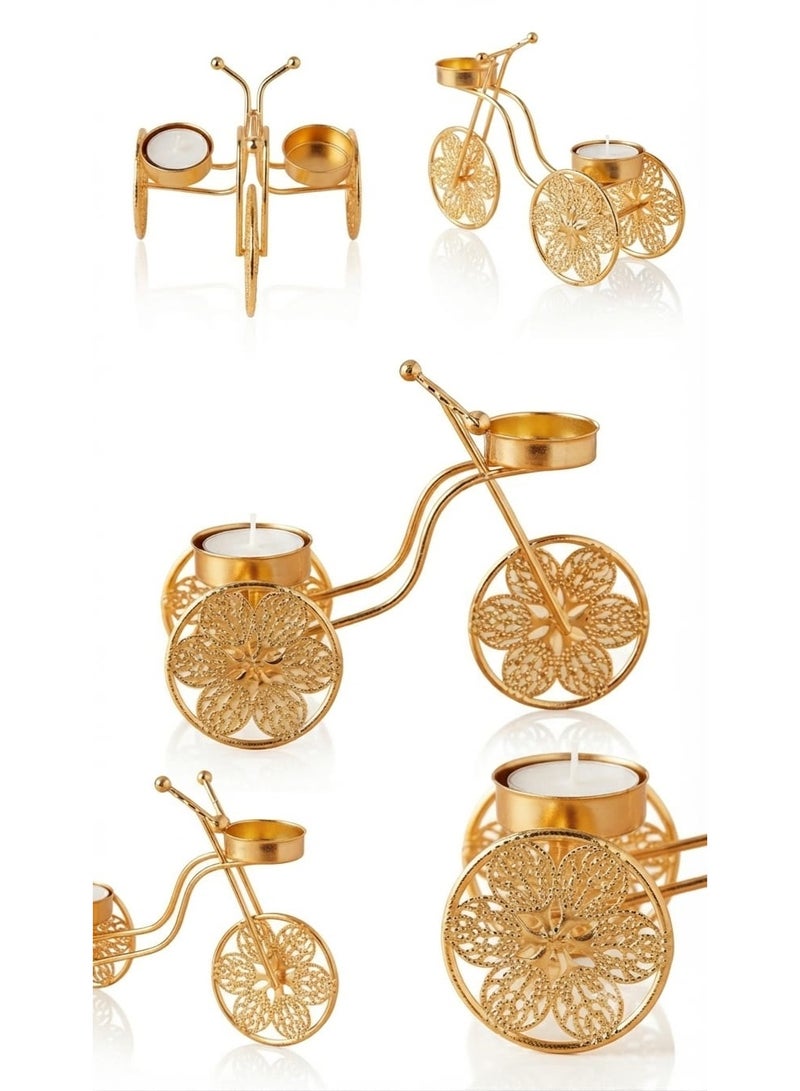 Decorative gold metal candle holder with a classic bicycle (tricycle) design - an ornate candlestick with openwork details for tables and living rooms - Image 3