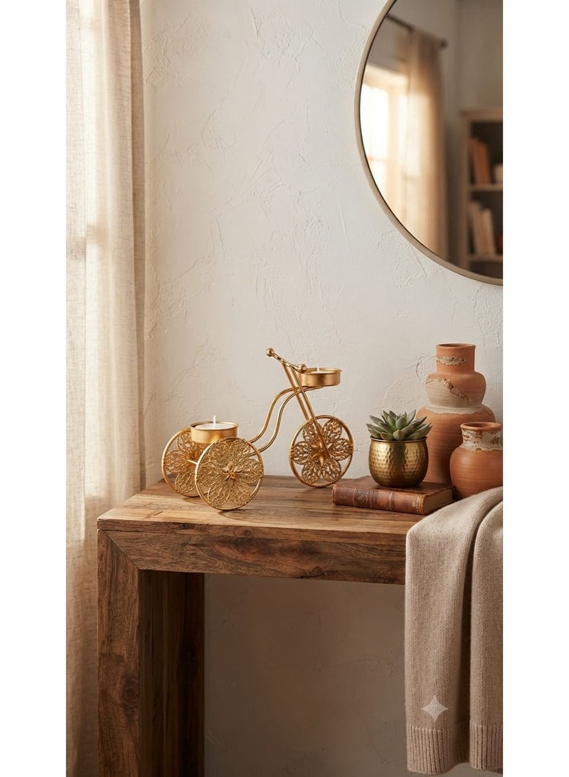 Decorative gold metal candle holder with a classic bicycle (tricycle) design - an ornate candlestick with openwork details for tables and living rooms - Image 2