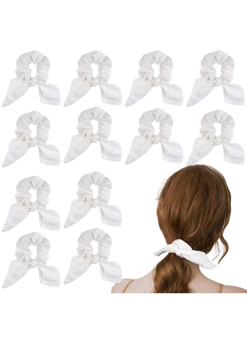 ACO-UINT - 12 Pack Hair Scrunchies with Ribbon - White Satin Bow Ponytail Holders, Cute Thick Hair Accessories for Girls - Image 1