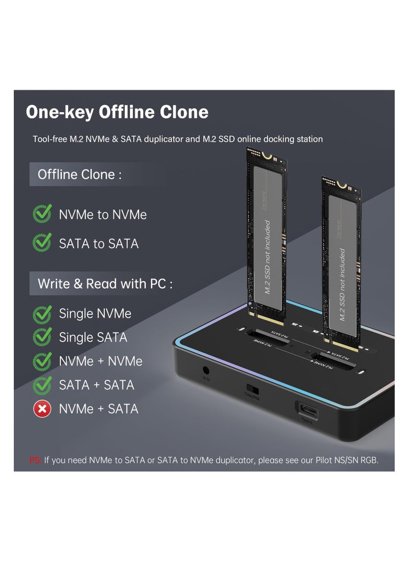 SYOSI M.2 Reader 20Gbps Docking Station, M.2 Duplicator Cloner Dual-Bay Offline USB C to NVME SATA Docking Station for Both (M Key, B+M Key) PCIE NGFF Dock, Size 22110 2280 2260 2242 2230 Enclosure  - Image 2