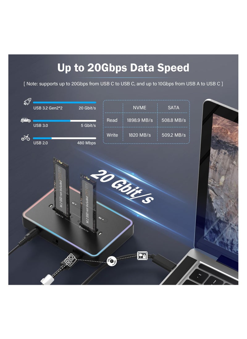 SYOSI M.2 Reader 20Gbps Docking Station, M.2 Duplicator Cloner Dual-Bay Offline USB C to NVME SATA Docking Station for Both (M Key, B+M Key) PCIE NGFF Dock, Size 22110 2280 2260 2242 2230 Enclosure  - Image 4