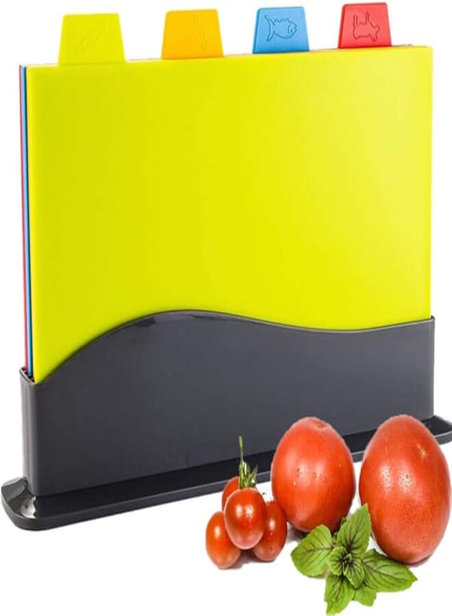 AMERTEER Chopping Board Set for Kitchen, Set of 4 Small Plastic Non-slip Cutting Boards with Index Color Coded Food Icon in Space Saving Storage Stand