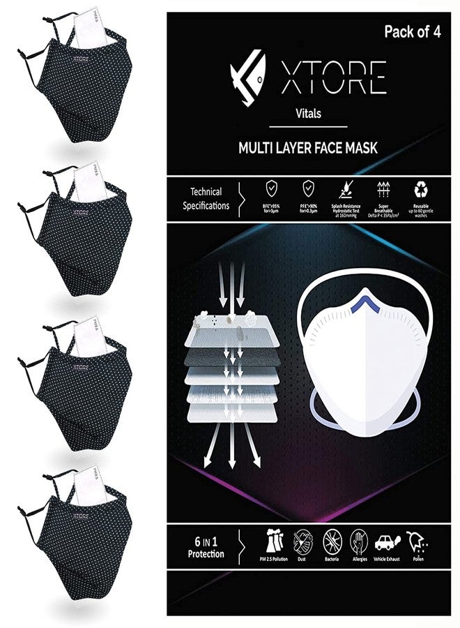 Xtore N-95 FDA CE Certified Antipollution cotton mask | Reusable | Washable | Pack of 4 (Polka dot Black) - Image 1